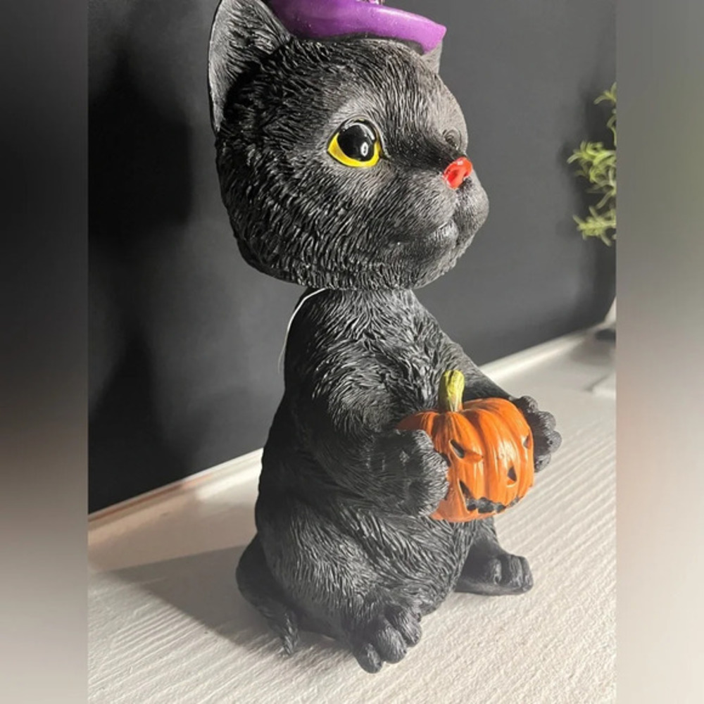 Black Cat Bobble Head Witch Statue Holding Jack-O'-Lantern – Halloween Decor NWT